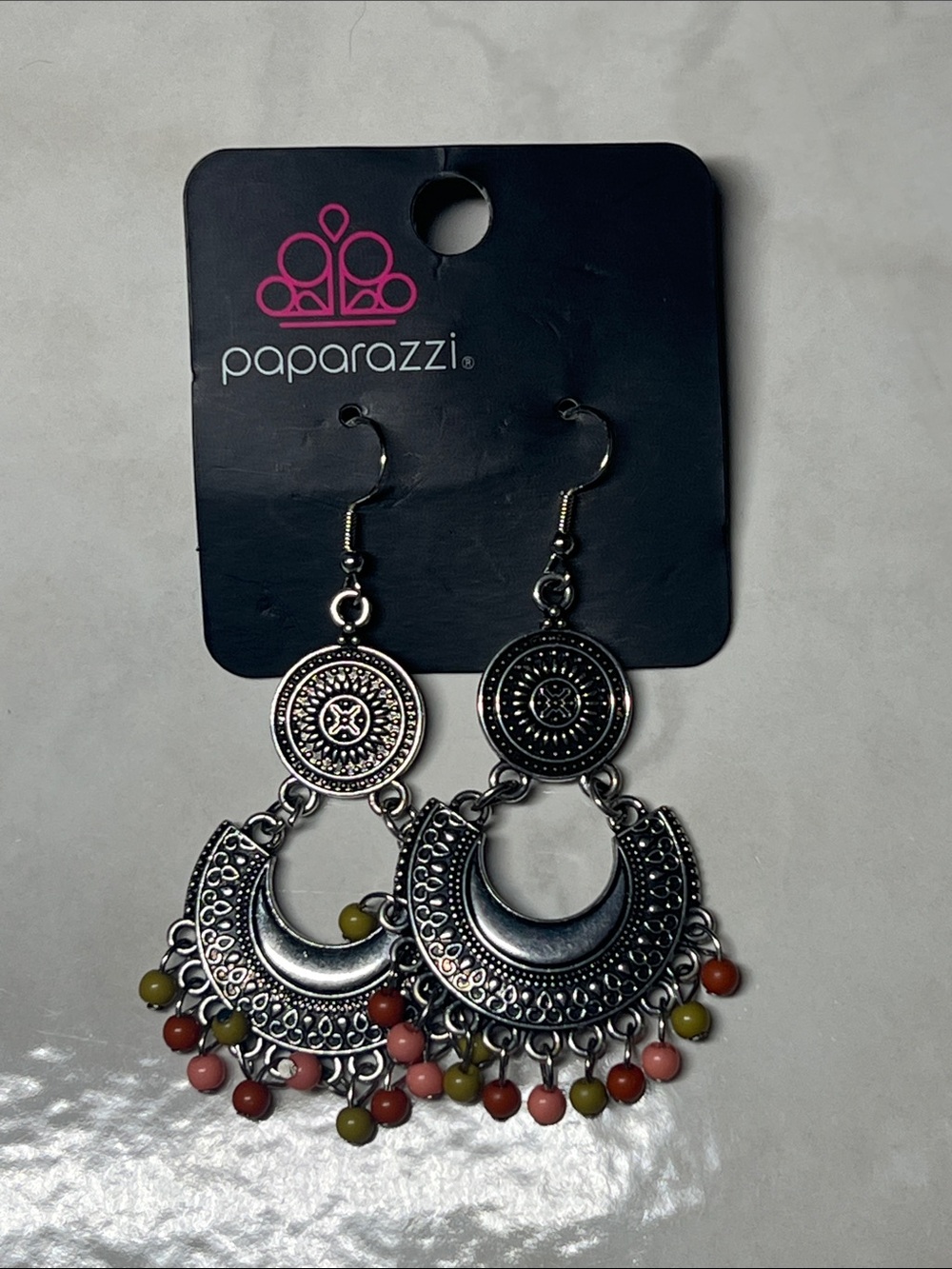 Paparazzi Silver Crescent Chandelier Earrings with Coral and Olive Beads